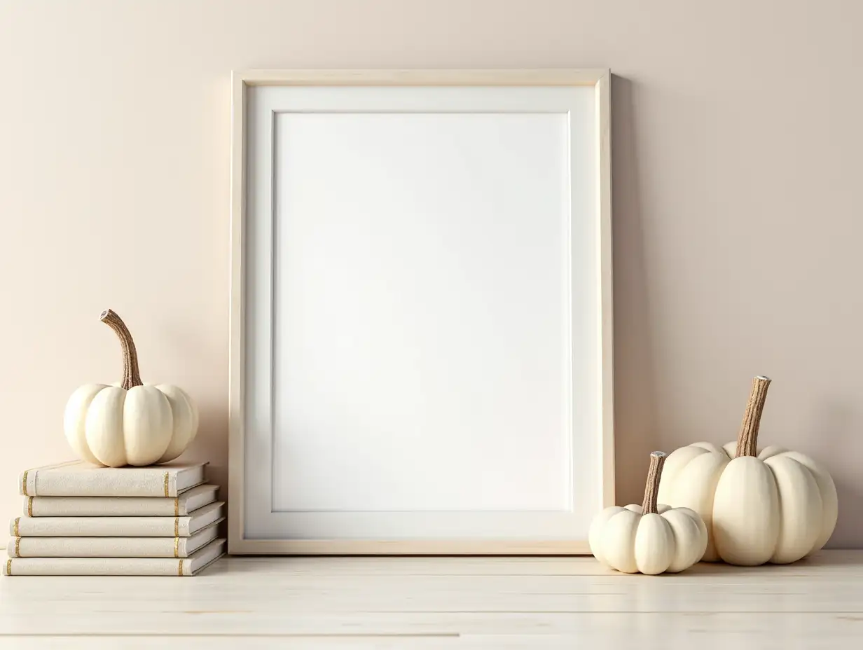 Elegant-Autumn-Interior-with-White-Pumpkins-and-Photo-Frame