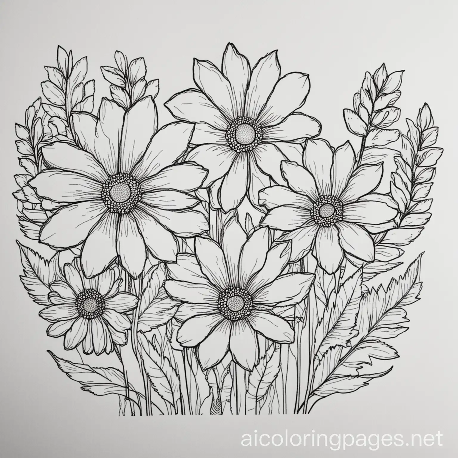 flowers, Coloring Page, black and white, line art, white background, Simplicity, Ample White Space. The background of the coloring page is plain white to make it easy for young children to color within the lines. The outlines of all the subjects are easy to distinguish, making it simple for kids to color without too much difficulty