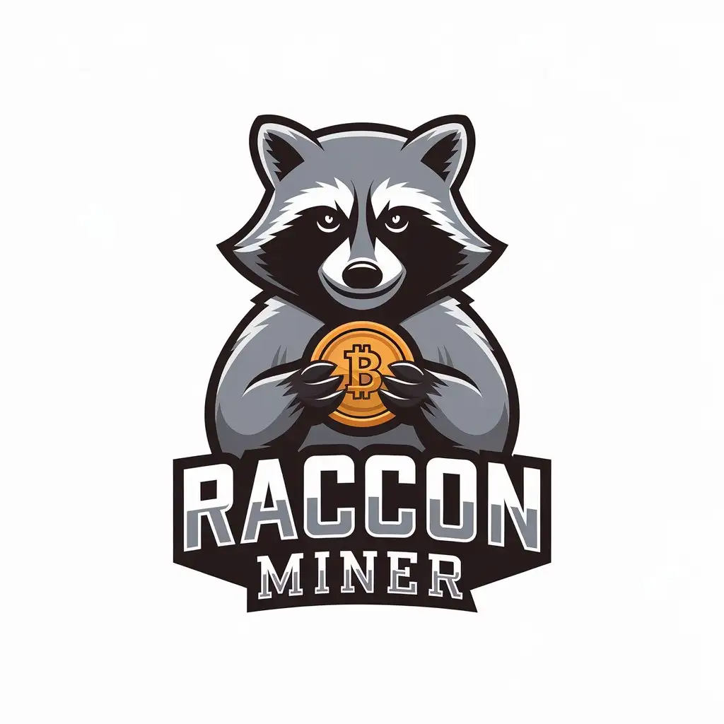 a vector logo design,with the text "Raccon Miner", main symbol:A raccoon holding a coin in his hands,Moderate,be used in Finance industry,clear background