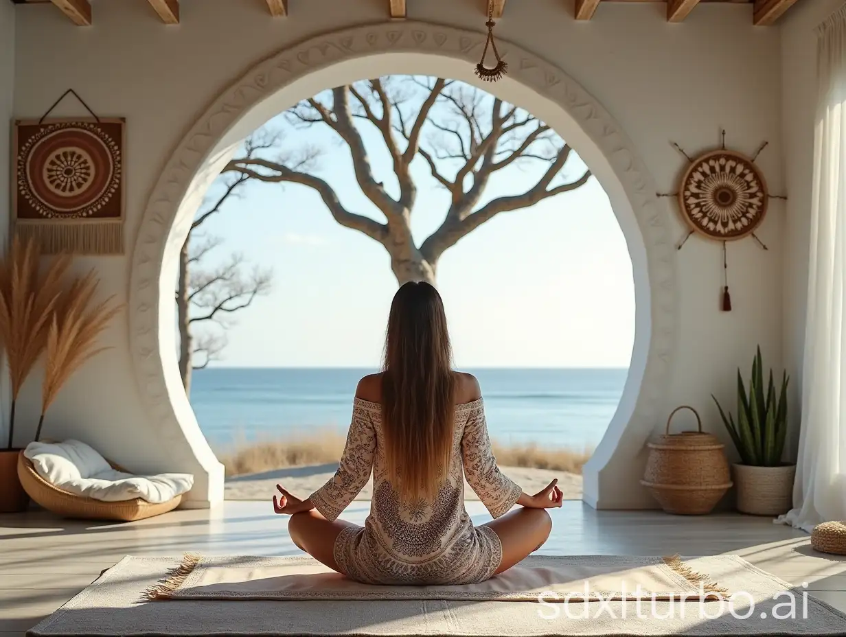 Nordic-Yogi-in-Mandala-Tunic-Yoga-Pose-Studio-with-Seaside-View