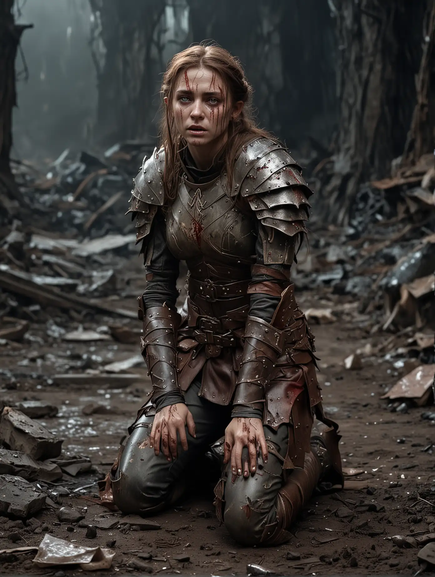 Female elf duchess with brown hair and light leather armour wounded with bloodied face and bruises, battle worn, who kneels on a desolate battlefield amidst destruction at a dark night. Desperation and Exhaustion.