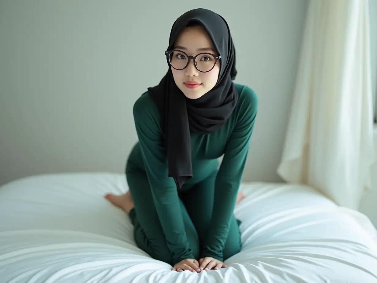 Serene-and-Contemplative-Asian-Woman-in-Black-Hijab-and-Bottle-Green-Swimsuit