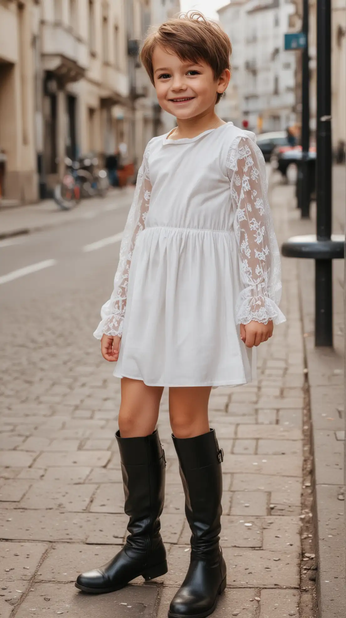 Smiling-Little-Boy-in-Short-White-Dress-and-Black-Overknee-Boots-in-the-City