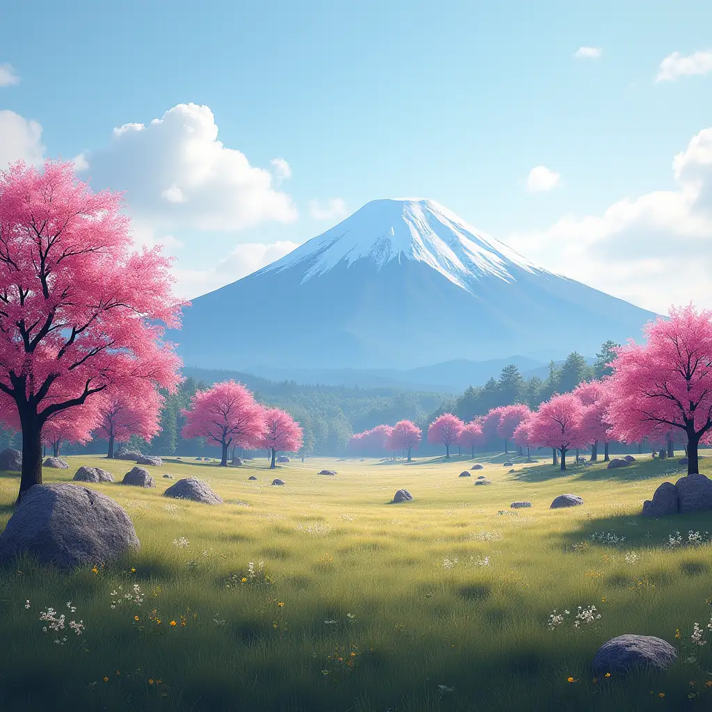 This landscape shows a wide place with flat terrain and many trees. Despite this it has views to a giant mountain located in Japan. [...] THE TREES ARE PINK, THEY ARE BEAUTIFUL AND THE GRASS IS A LITTLE GREEN (ONLY A LITTLE)