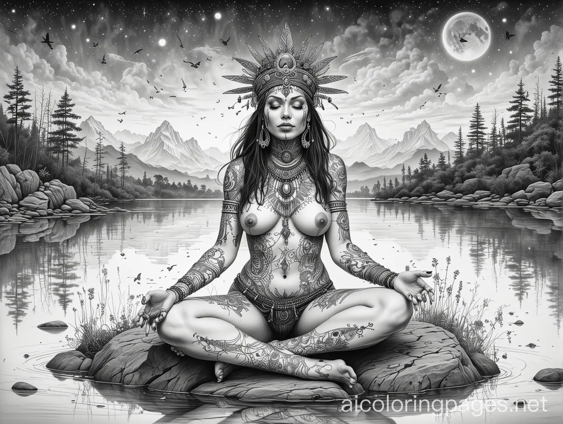 Line art, black on white, full body shot, voluptueus naked tribal female voodoo witch covered in tattoos, skull headdress. Meditating on a rock in a lake,  the sky filled with milkyway and shooting stars., Coloring Page, black and white, line art, white background, Simplicity, Ample White Space. The background of the coloring page is plain white to make it easy for young children to color within the lines. The outlines of all the subjects are easy to distinguish, making it simple for kids to color without too much difficulty