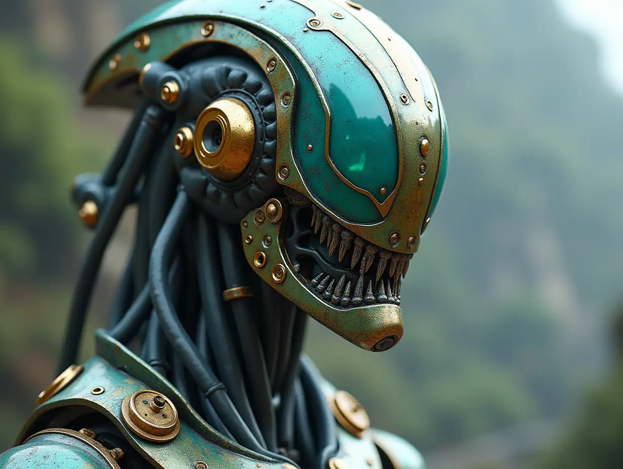 Create a high-resolution, realistic image of the 50 meter artificial intelligence monster robot with glass head, gold screws with many metal plants, on the Veus with aliens 4k resolution with