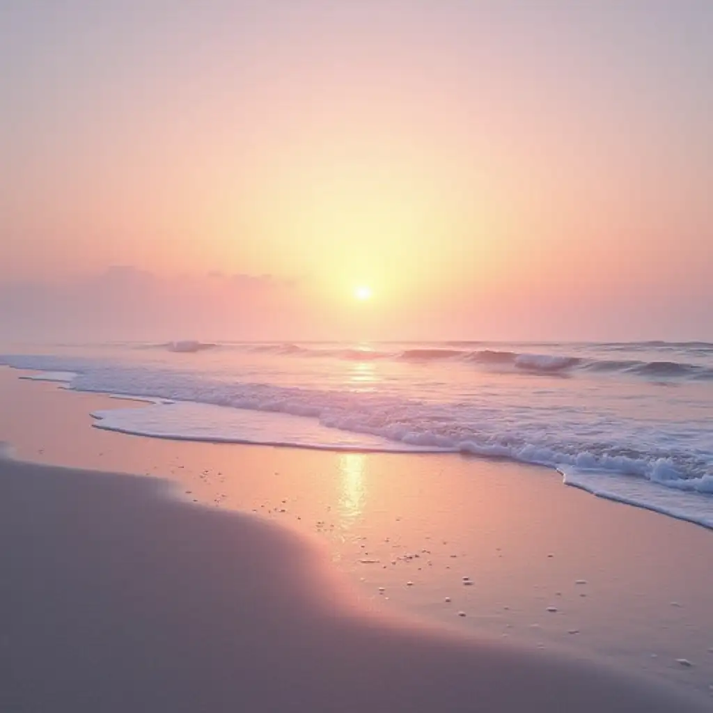 Create a soothing beach landscape with gentle waves lapping the shore under a warm, pastel sunrise. The sky should have soft gradients of orange, pink, and purple, while the ocean has a glassy, calm surface reflecting the early morning light. Add a hint of mist or morning fog over the water to enhance the tranquil atmosphere. This image should feel inviting and peaceful, ideal for a serene meditation video backdrop