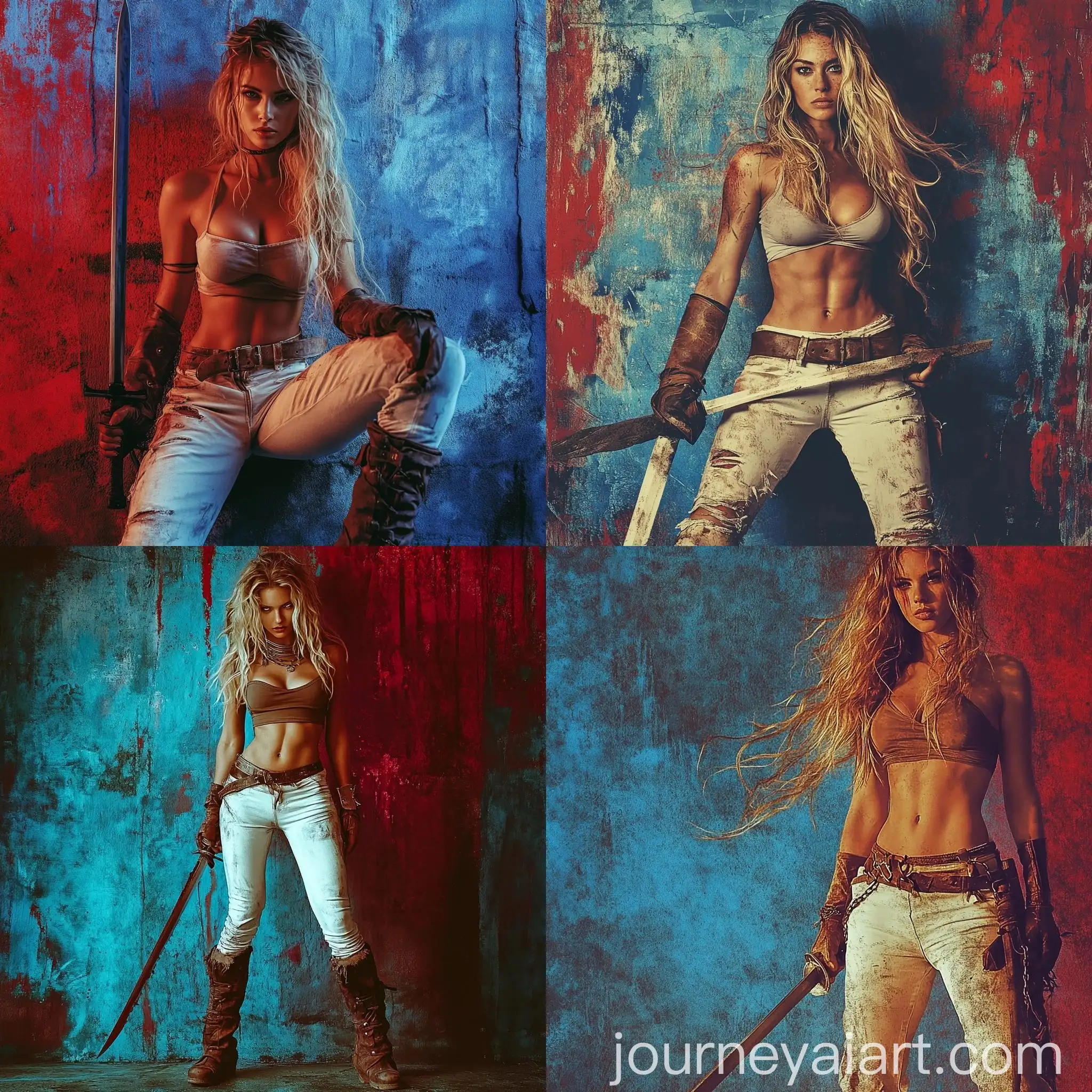 Brunette-Warrior-Woman-with-Sword-in-Grunge-Red-and-Blue-Background