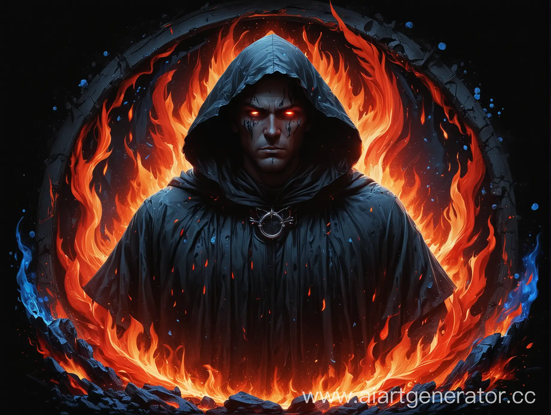 Dark-and-Sinister-Illustration-of-a-Man-in-a-Black-Cape-Surrounded-by-Flames-and-Mysterious-Logo