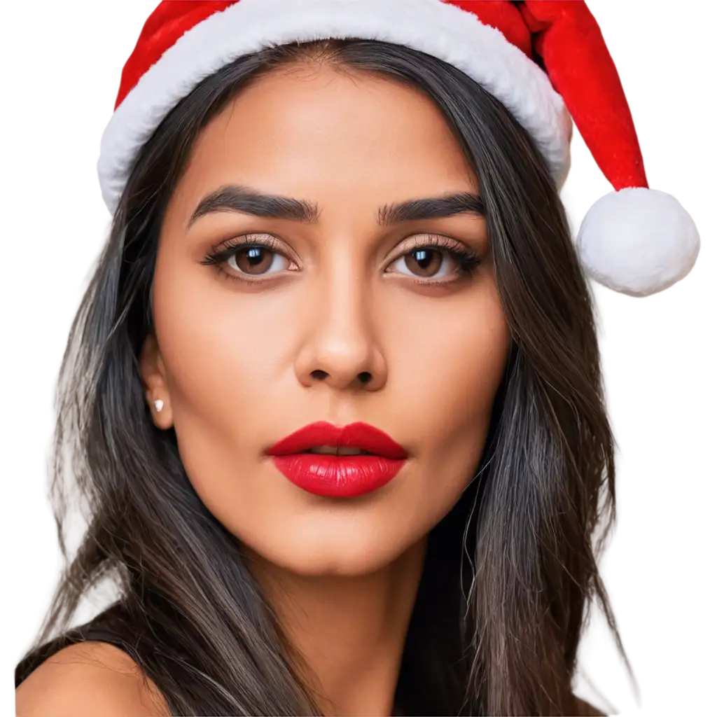 Vibrant-PNG-Image-of-an-Indian-Woman-in-Christmas-Hat-with-Glossy-Red-Lips