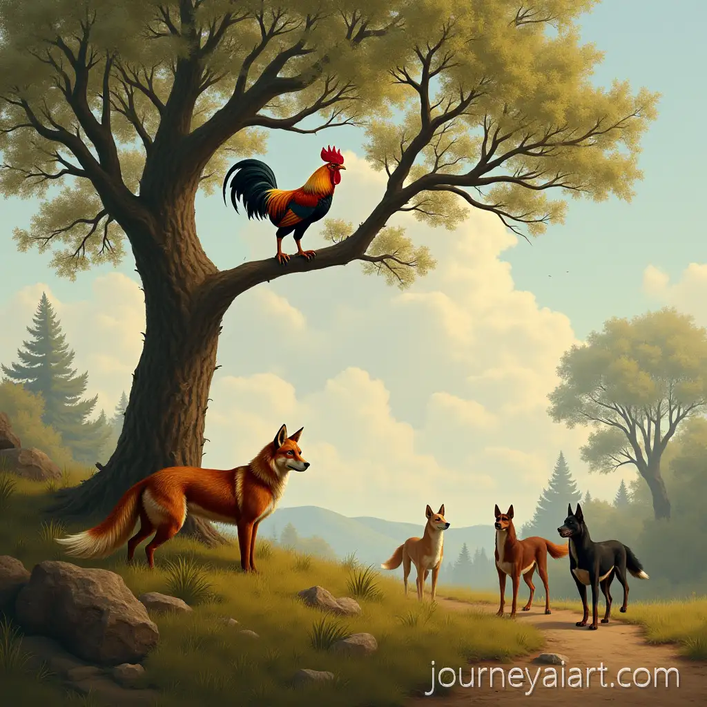 Rooster-Perched-on-Tree-with-Fox-Below-and-Dogs-Approaching-from-Afar