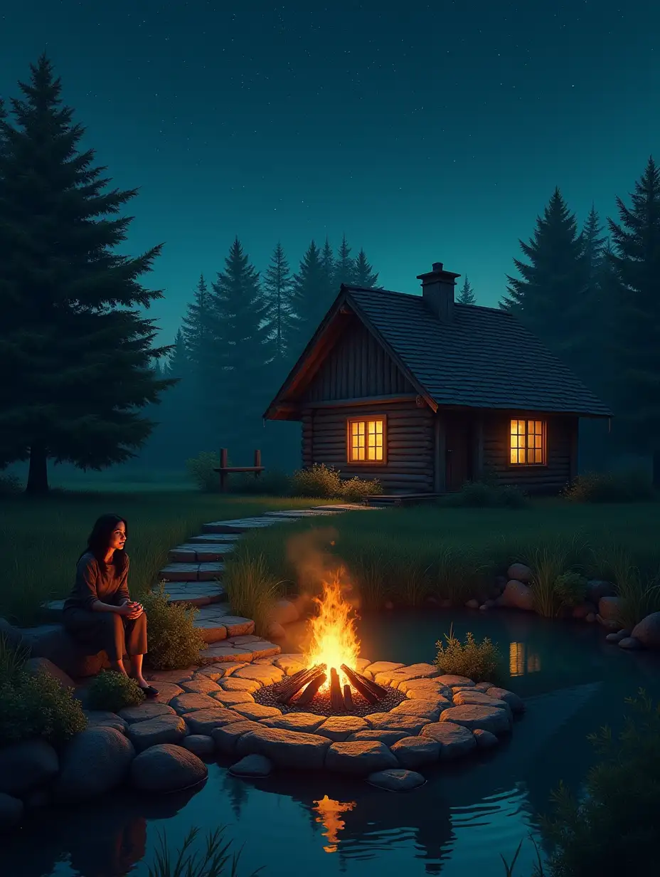 A serene countryside evening under a starry sky. A traditional wooden house with warm yellow light glowing through its windows is surrounded by lush greenery. In the foreground, a small campfire burns brightly, casting an orange glow on the nearby stone steps and vegetation. A person sits calmly near the fire, gazing at the flames. A tranquil pond reflects the firelight and the stars, creating a peaceful and nostalgic ambiance. The scene is illuminated with soft, warm tones contrasting with the deep blues of the night sky.