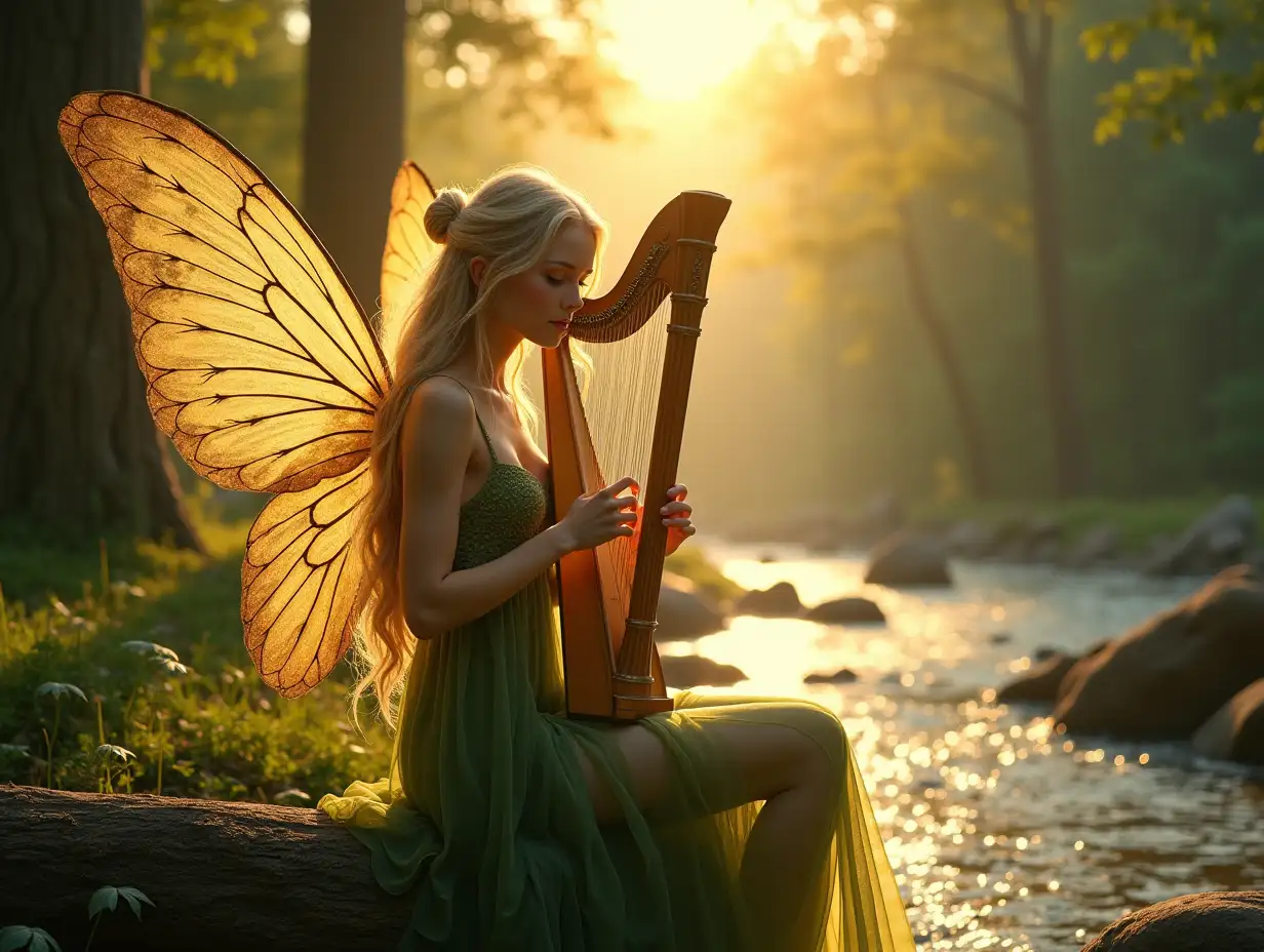 Illustrate a serene and captivating image of a beautiful feminine Fairy woman with golden wings and long blond hair sitting on a log playing a HARP beside a sparkling forest stream at sunrise. Her eyes are gently closed as she immerses herself in the melody, her delicate hands gracefully moving across the strings. She wears a flowing, green semi transparent dress that flutters in the soft breeze, blending harmoniously with the surrounding Swiss alpine forest . The dancing sunlight filters through the trees, casting golden rays on her glowing golden wings and the HARP, creating a tranquil and enchanting atmosphere. Hyper realistic.