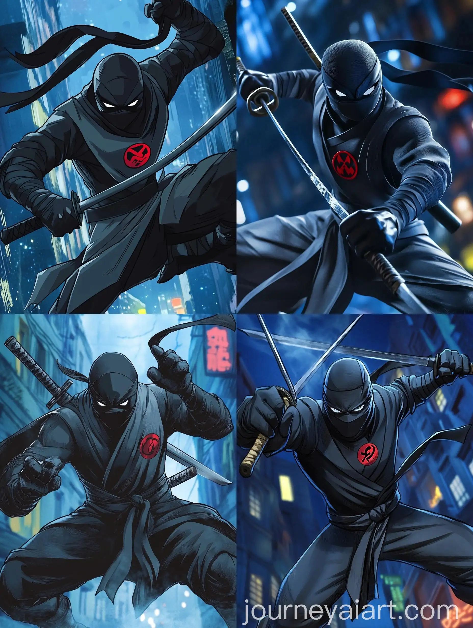 Ninja-Warrior-Falling-with-Raised-Swords-in-Urban-Night-Scene