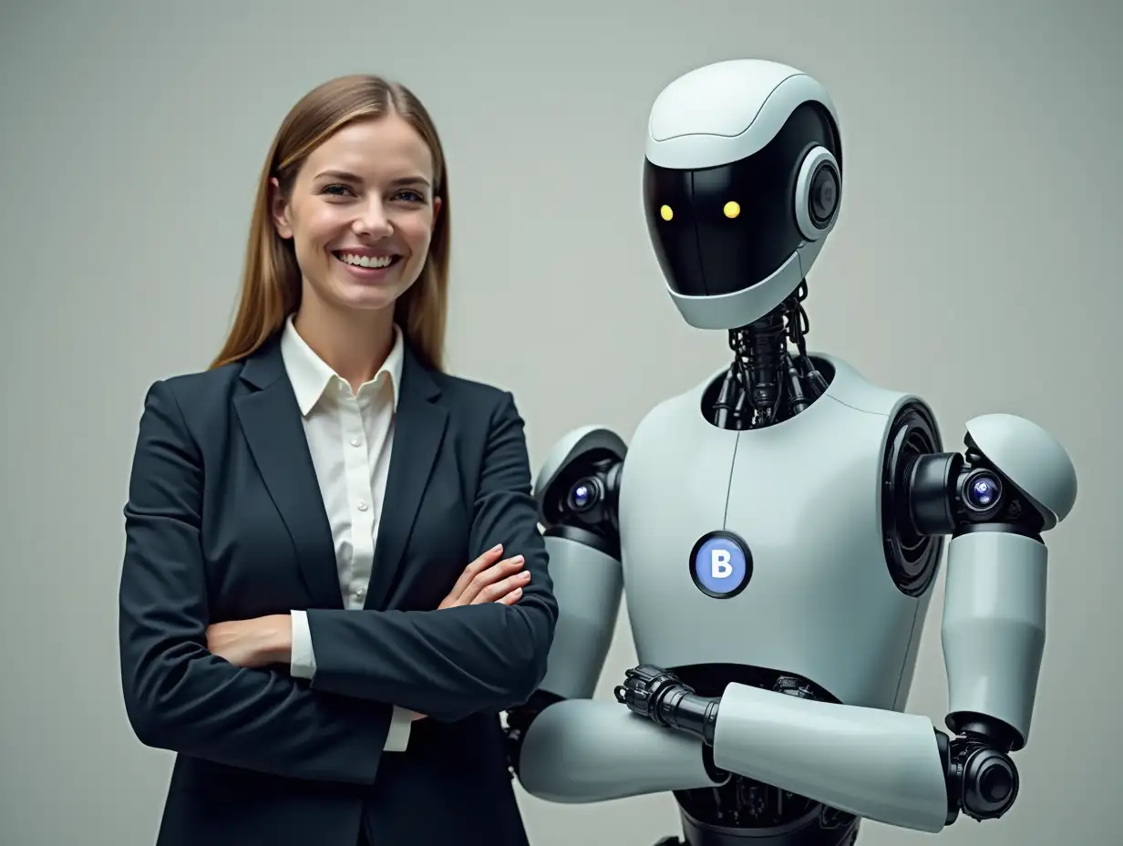 create an administrative assistant with crossed arms smiling next to a robot with crossed arms in a suit