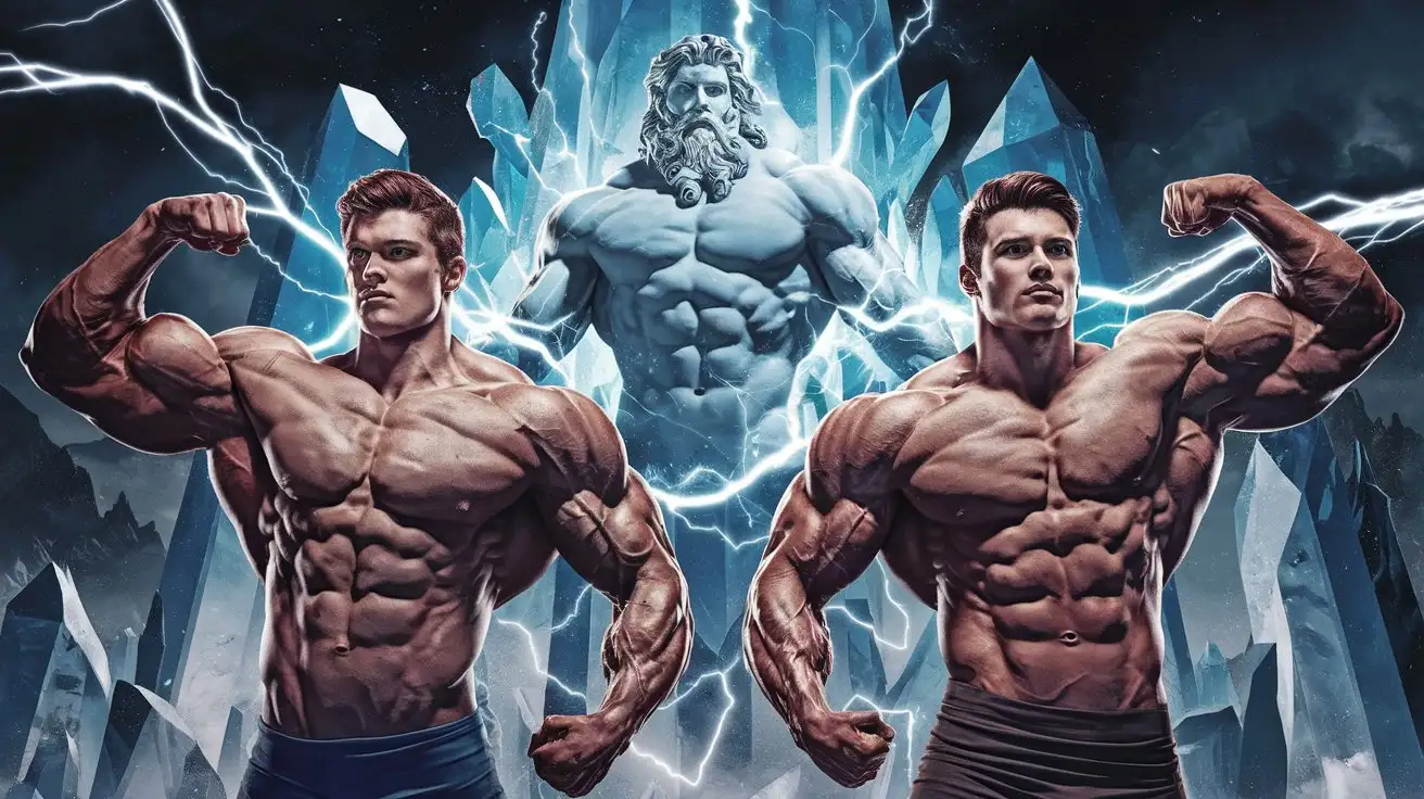 In a crystal fortress. Two powerfully muscled bodybuilders stand boldly, with determined expressions, flexing their mighty muscles as luminous blue energy and electricity from Zeus bombard and engulf their bodies. They have been chosen to become superpowered heroes. 19 years old. Photorealistic.