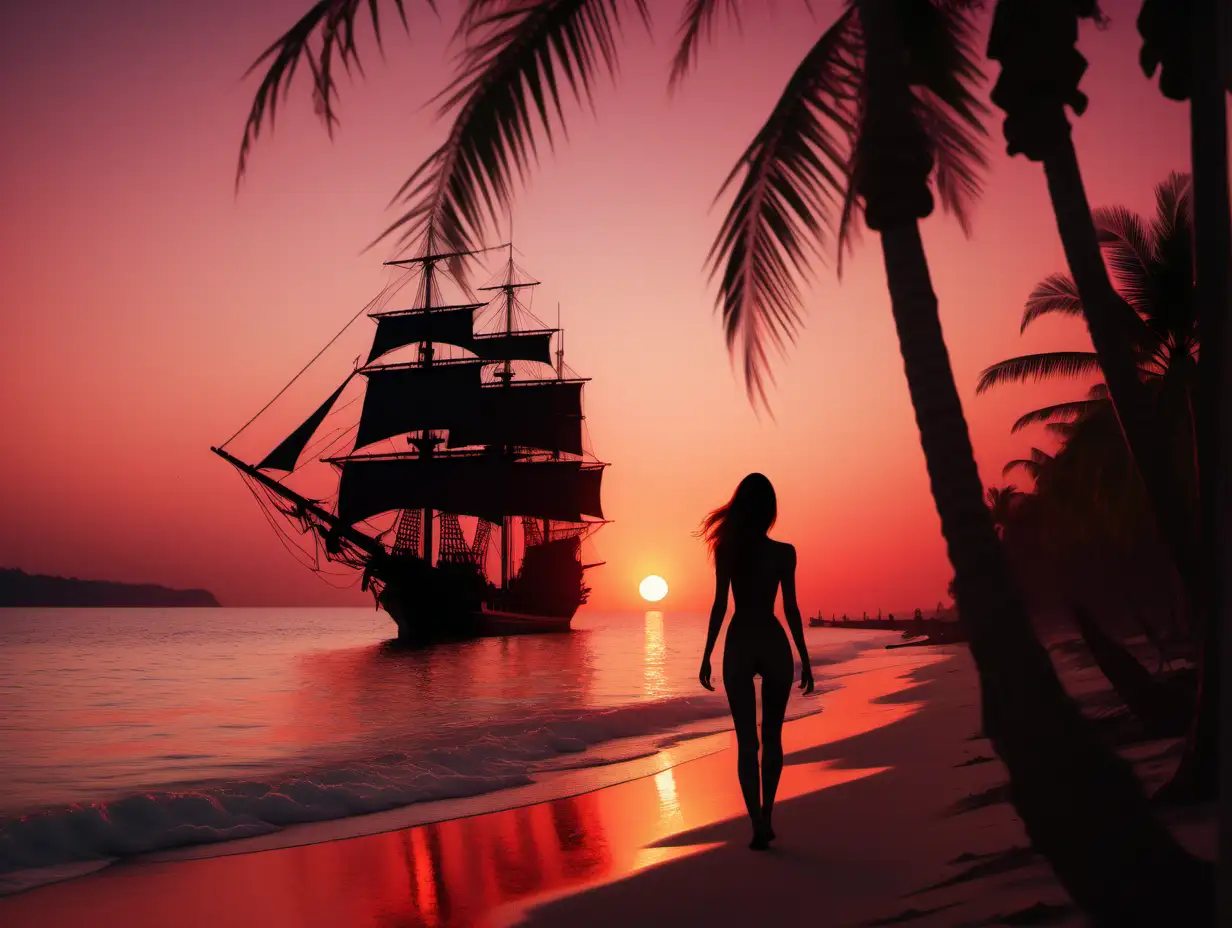 Old-Frigate-Sailing-into-Crimson-Sunset-with-Escorting-Girl-and-Palms