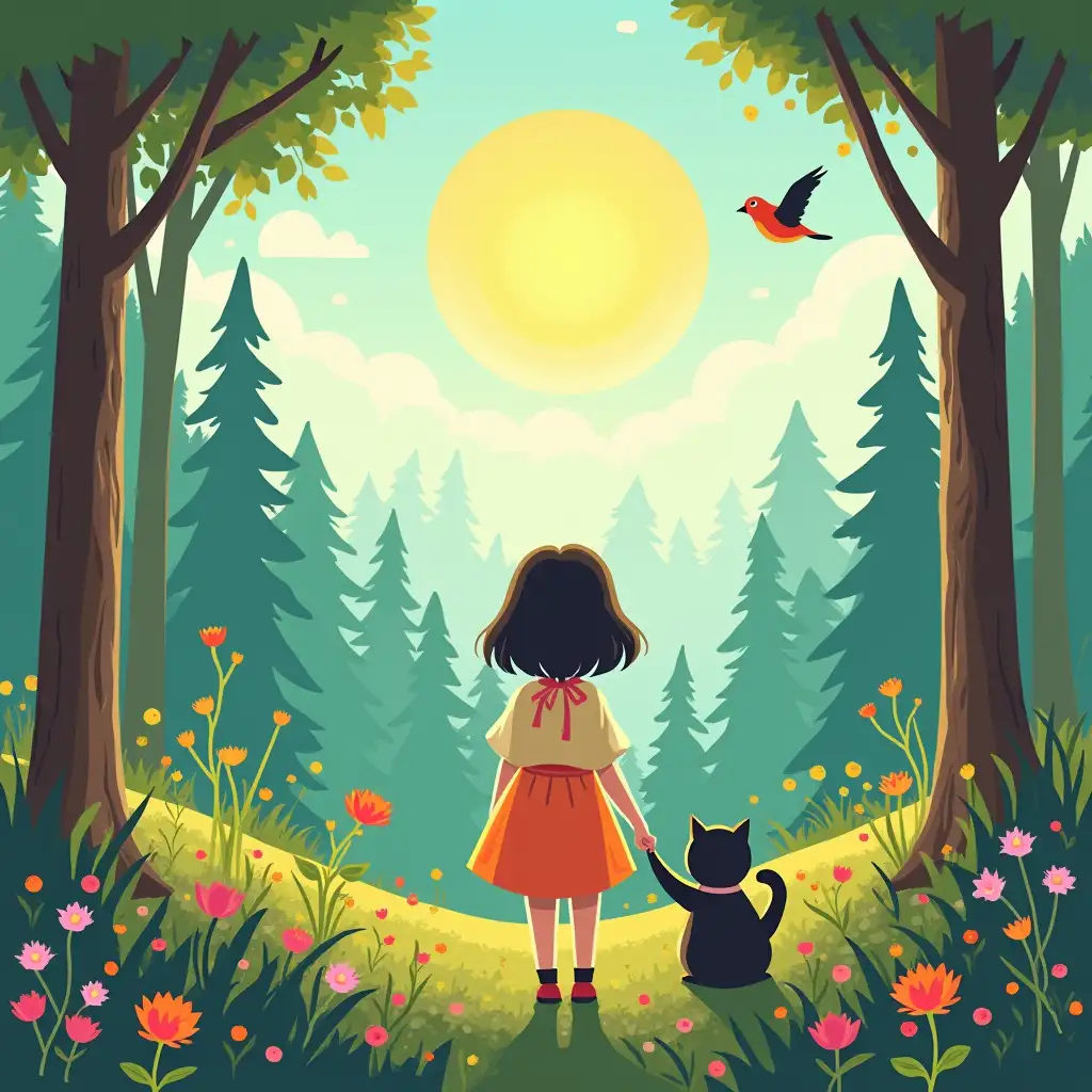 Girl-with-Cat-in-a-Sunny-Forest-Surrounded-by-Flowers-and-Birds