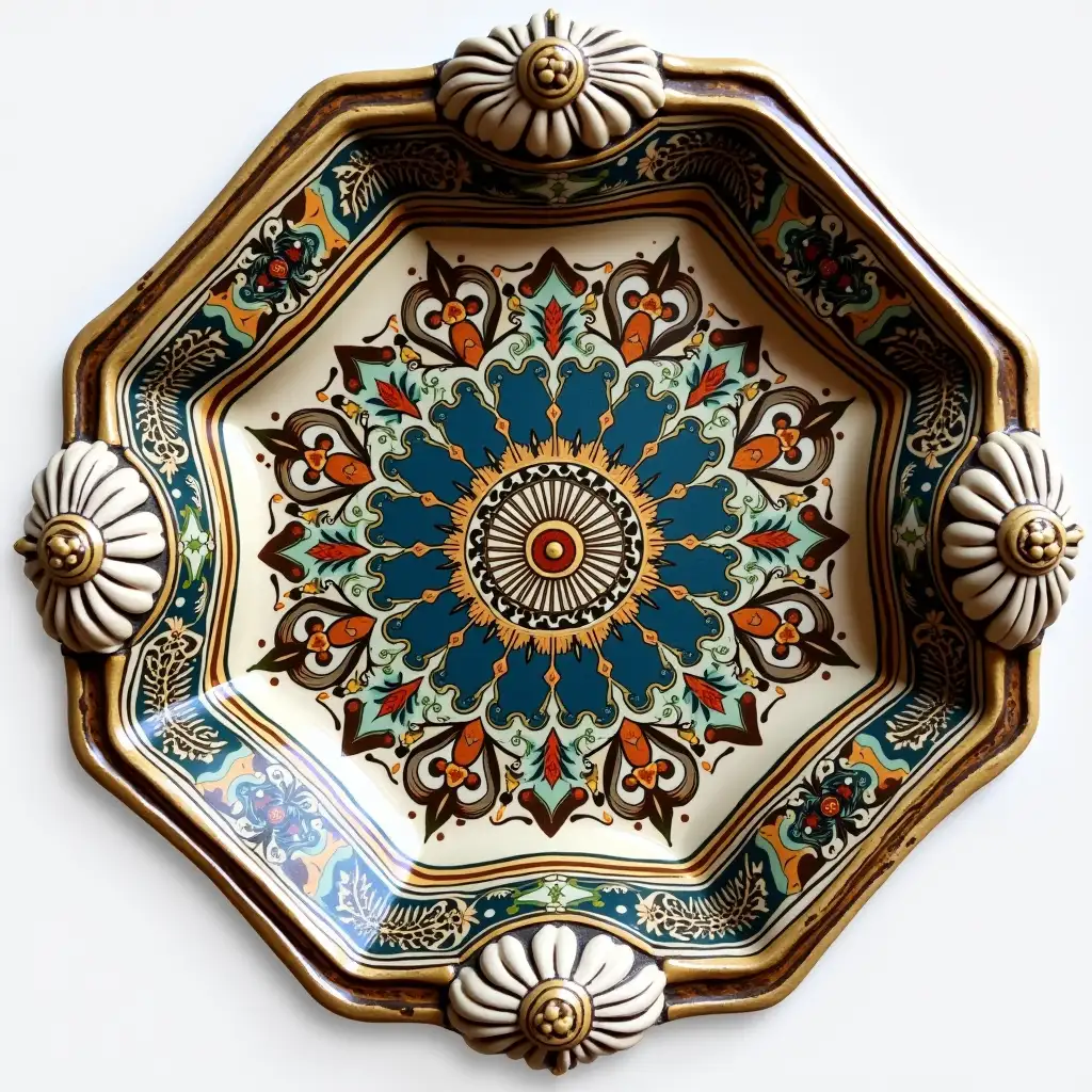 Octagonal with rounded corners ceramic serving dish with embossed beautiful handle, Fine art, Hyper detailed, Antique and old, Qajar art, Iranian Tabriz carpet design