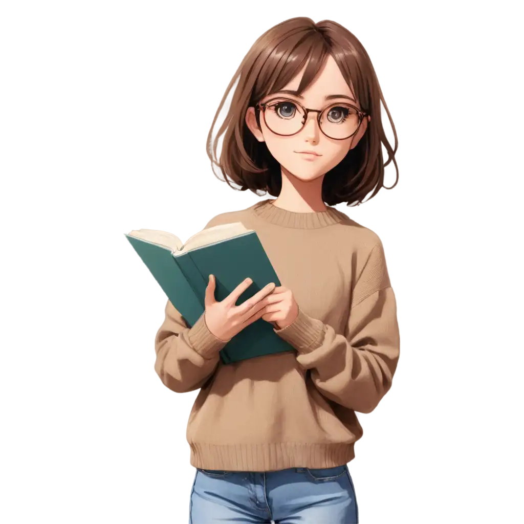 PNG-Image-Shy-Anime-Girl-with-Oversized-Glasses-and-Cozy-Sweater-Holding-a-Book