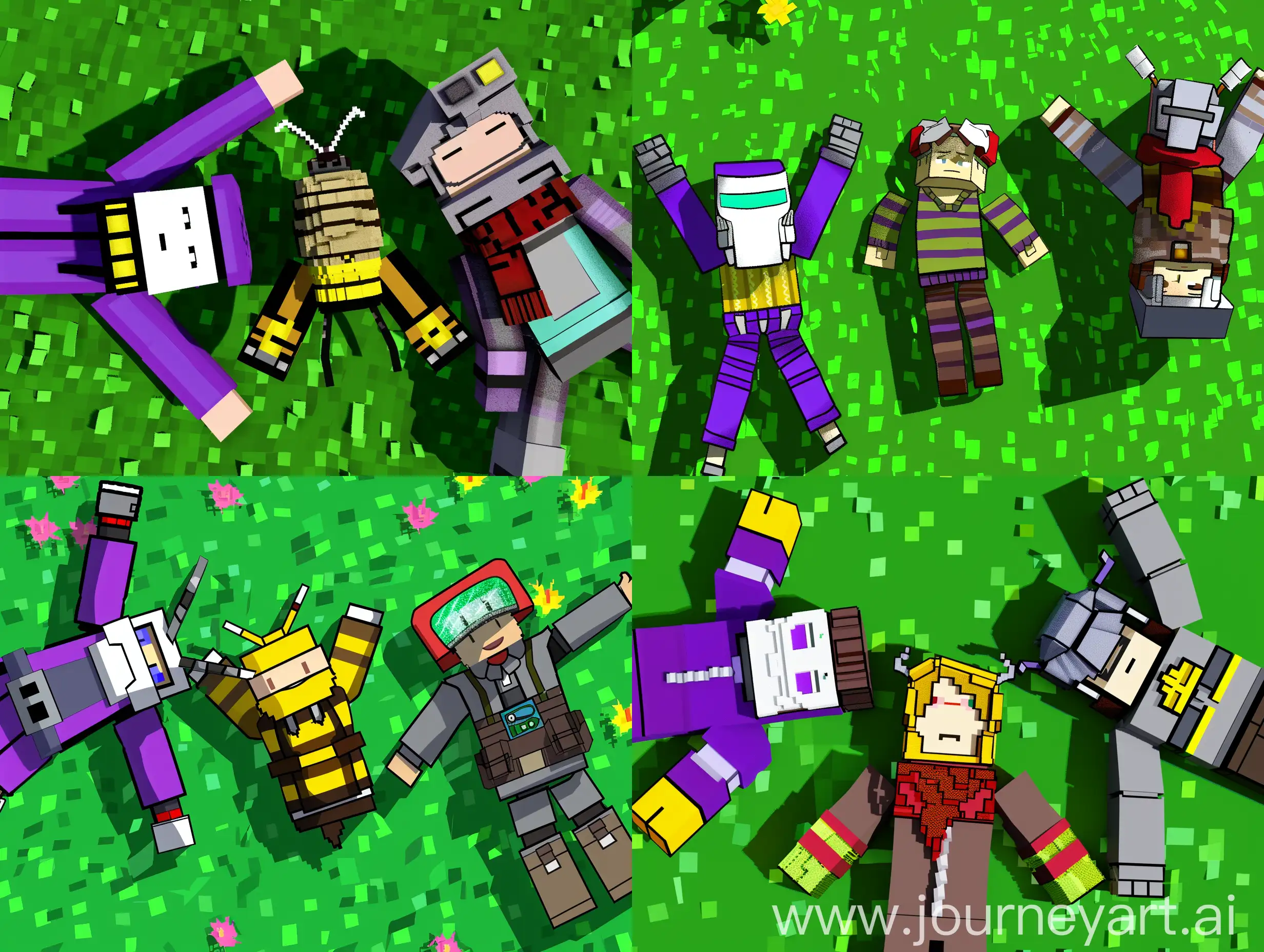 Colorful-Characters-in-Minecraft-Style-Purple-Suit-Bee-Sweater-and-Engineer-with-Red-Scarf