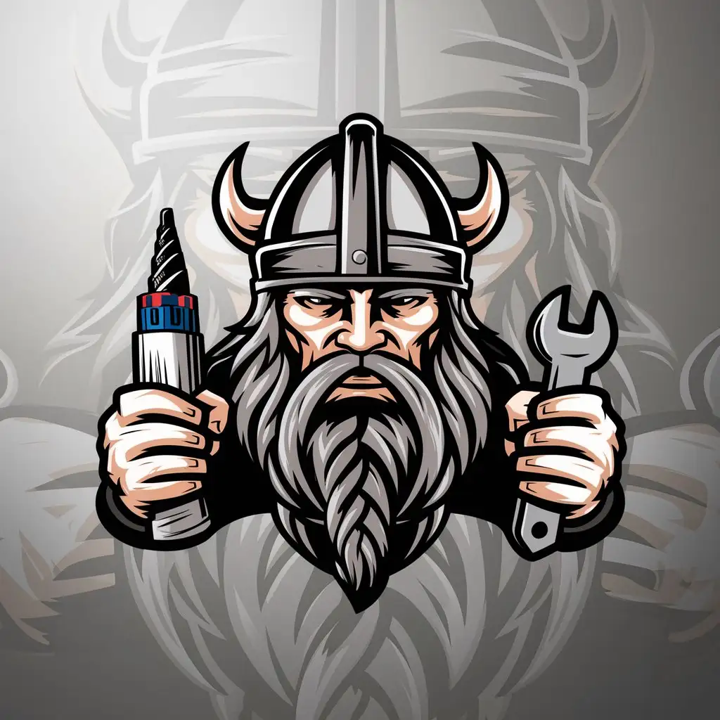 LOGO-Design-For-Ru-Viking-Viking-Face-with-Drill-and-Wrench-in-Dynamic-Pose