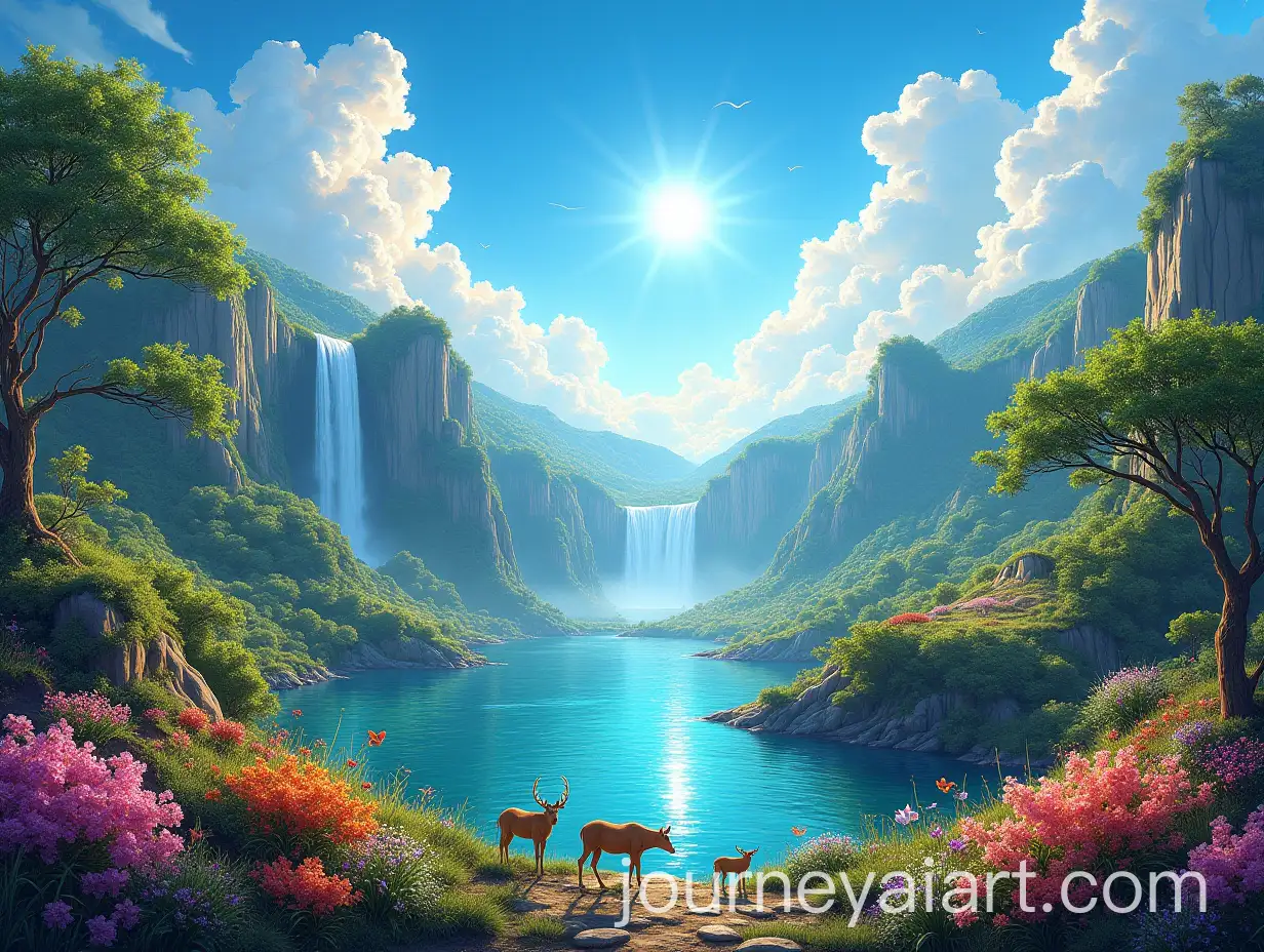 Panoramic-View-of-the-Garden-of-Eden-with-Waterfalls-and-Vibrant-Wildlife