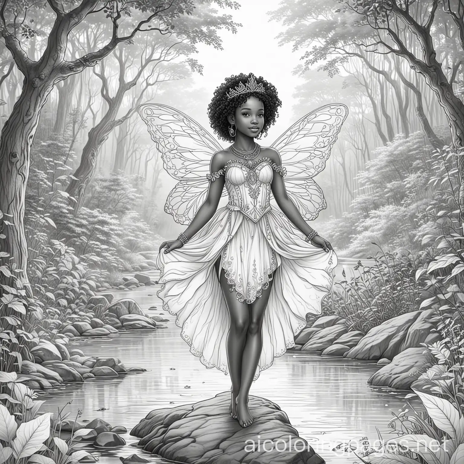 Melanated-Fairy-Princess-Coloring-Page-in-Magical-Forest-by-the-River