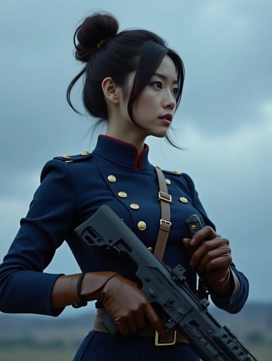 A young Japanese woman soldier, hair updo, dark brown hair tied in a high ponytail, with a few strands elegantly framing her face. She looking off to the side. She wears a deep blue, double-breasted military uniform with gold buttons, and a tight fit that emphasizes her strong yet feminine physique. She is equipped with brown leather gloves and a matching belt. Her right hand firmly grips the handle of a large, futuristic black firearm with metallic detailing, while her left arm rests across her waist in a poised stance. A gun holster strap runs diagonally across her torso, securing a secondary weapon at her side. a twilight clowdy sky background. The perspective is a slightly low-angle close-up, emphasizing her commanding presence. IMG-7587.JPG