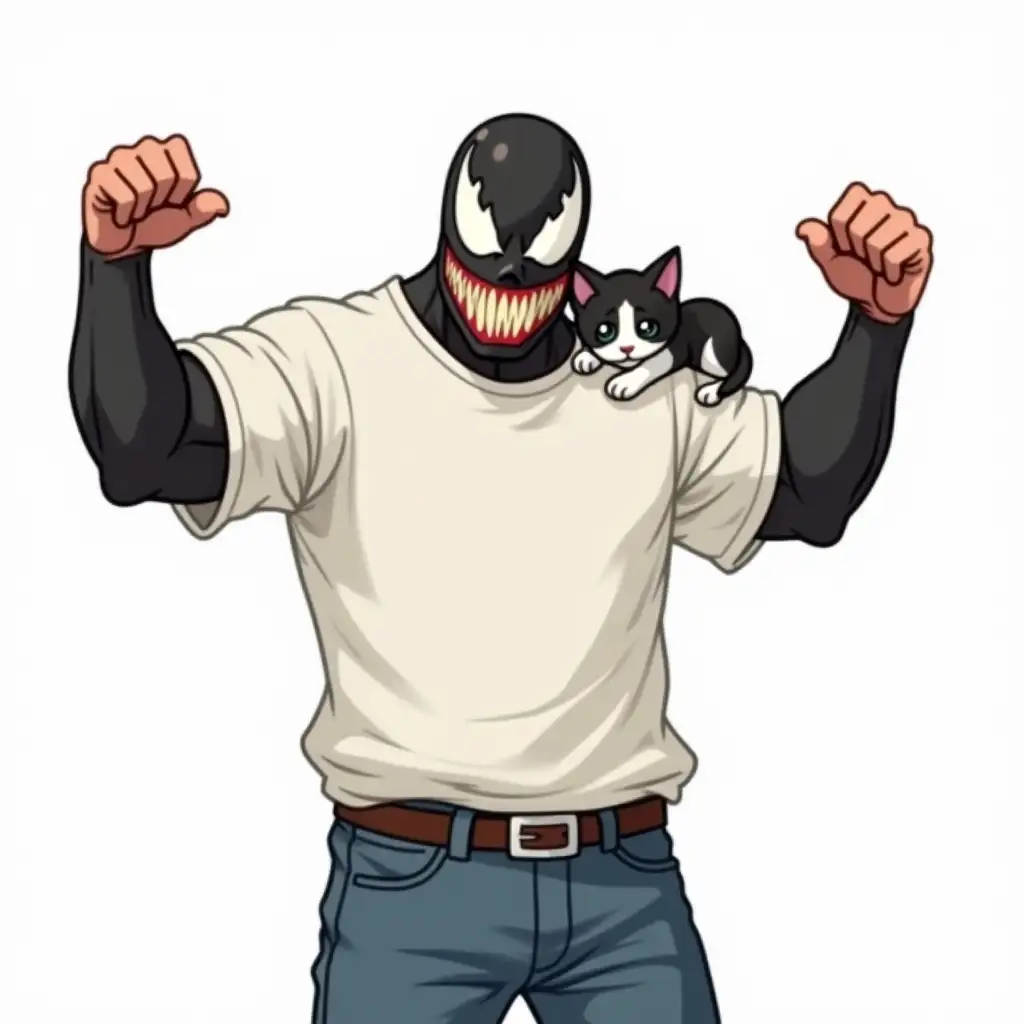 full body shot. marvel Venom in white T-shirt and jeans upright raises his thumbs in the air, white background behind him, a small black and white kitten sits on his shoulder clinging to his paws. Lots of detail and detail. White background. retro cartoon painting, masterpiece