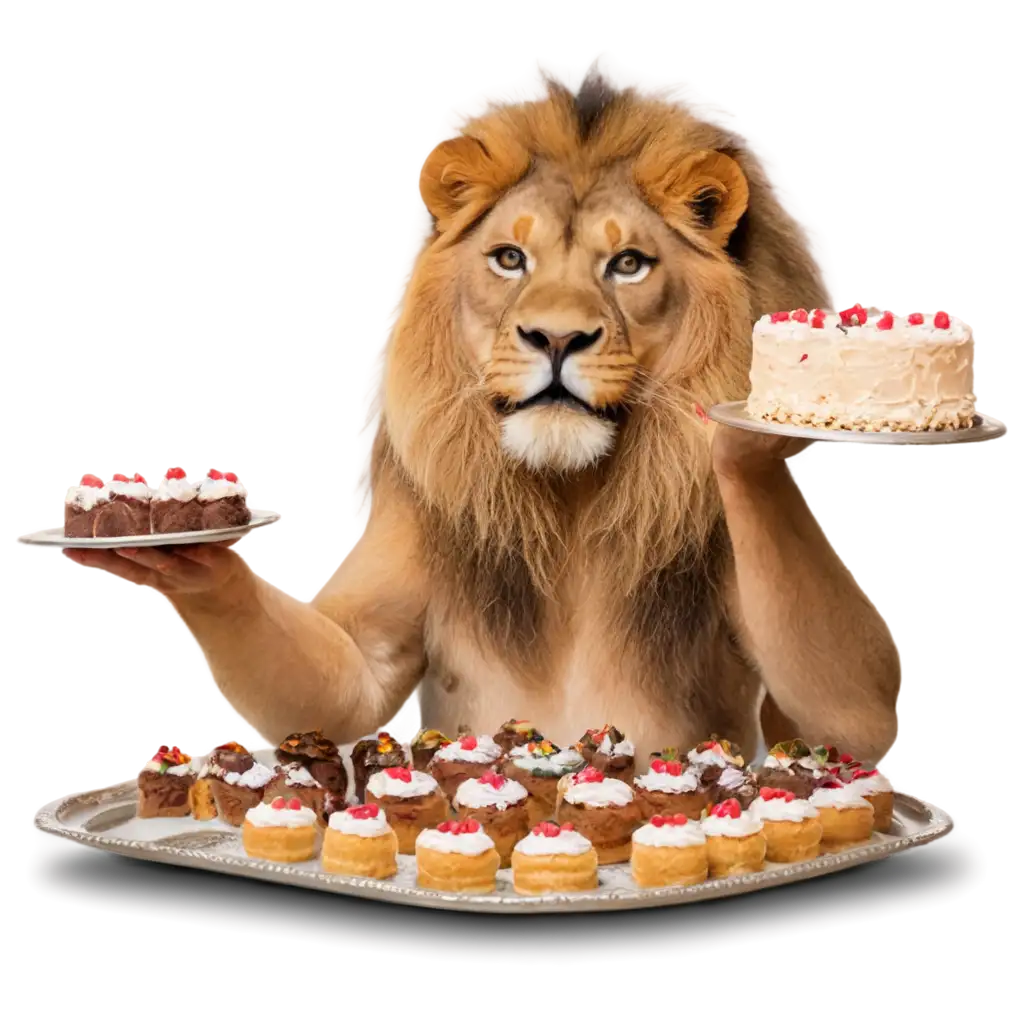 PNG-Image-Lion-Offering-a-Tray-of-Cakes-AIGenerated-Art-for-Online-Use