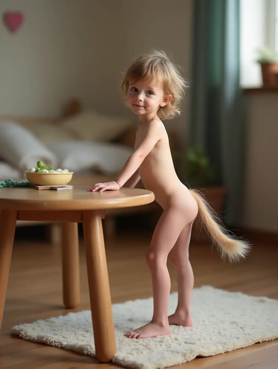 Skinny-Little-Girl-with-Furry-Tail-in-Playroom-with-Shy-Smile