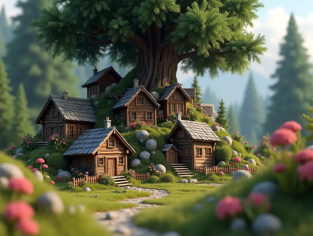 an small Fairy  3D style, hyper-realistic oil painting, of a small fairy village with many homes, at the base of a Fir tree in the Swiss alps, at the bottom of a garden of a chalet,  Octane render, ray tracing, depth of field, super detail