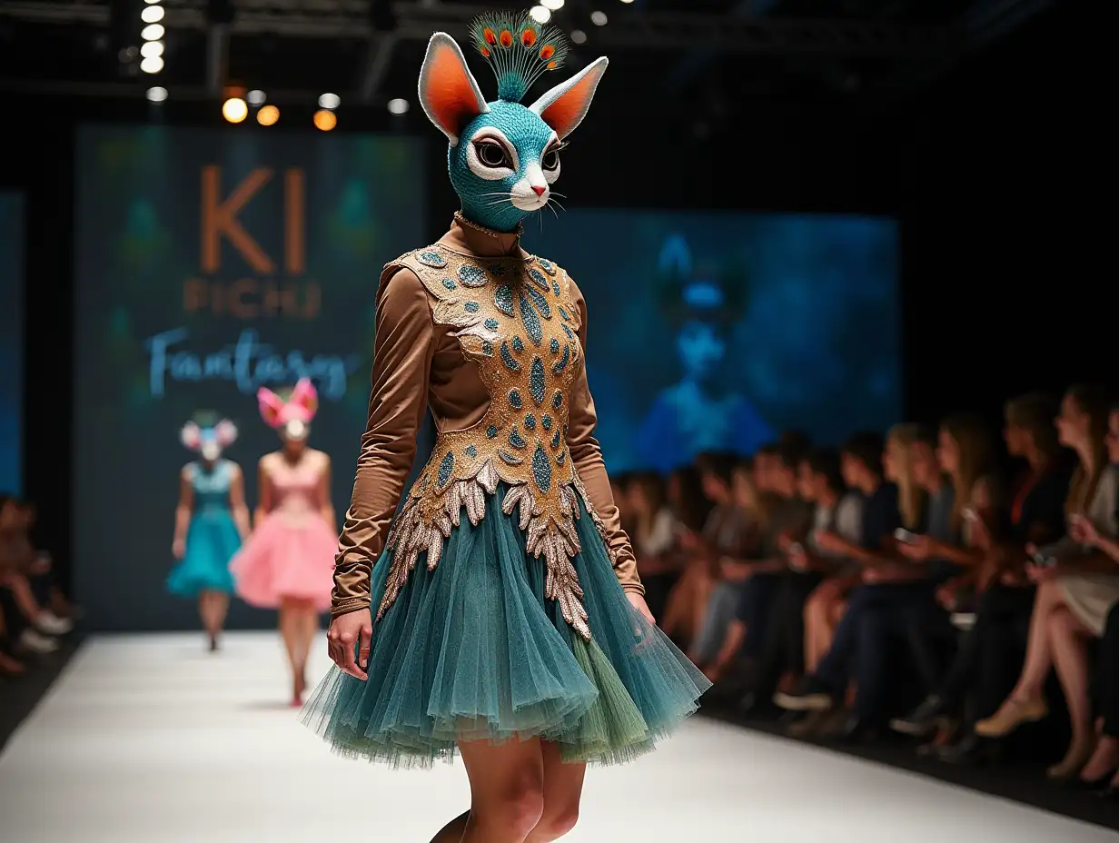 Ki-Fantasy, a mix of man-, cat- and peacock head design with beautiful shoes at a fashion show