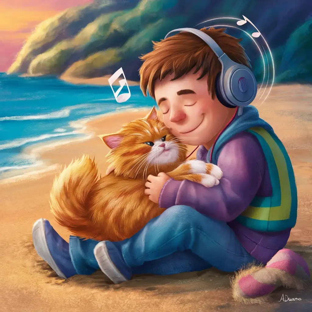 Persian orange cat with guy with headphones on on the beach
