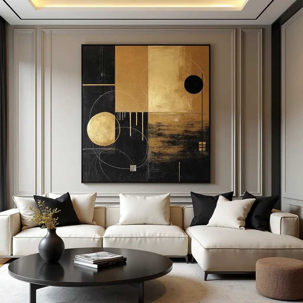 Abstract painting with squares circles and stripes in gold and black in luxury living room