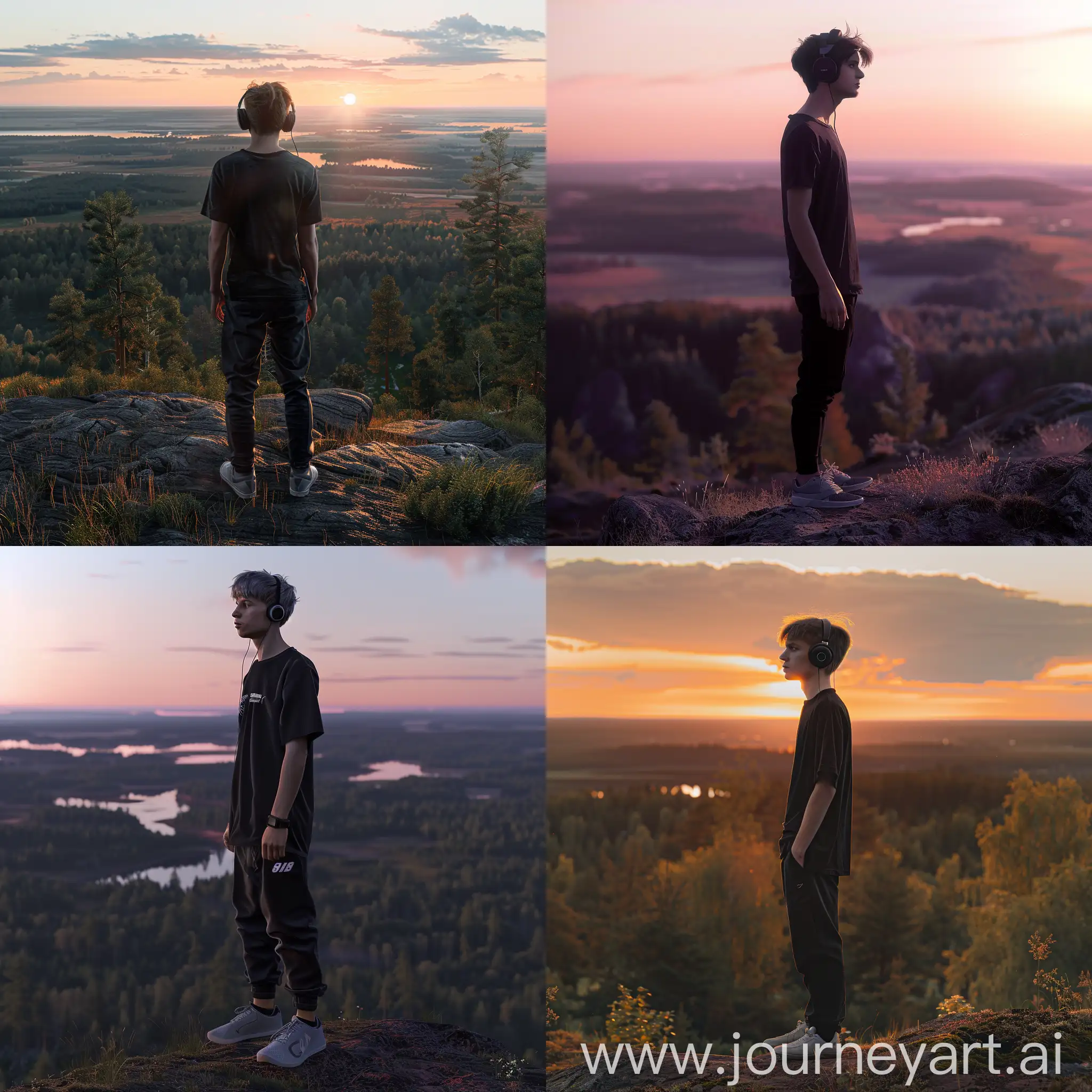 Confident-Teenager-in-Black-Tshirt-and-Headphones-Overlooking-Taiga-Sunset