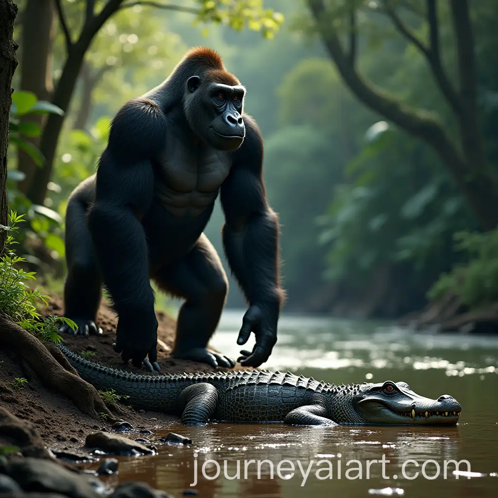 Gorilla-and-Crocodile-in-a-Riverside-Forest