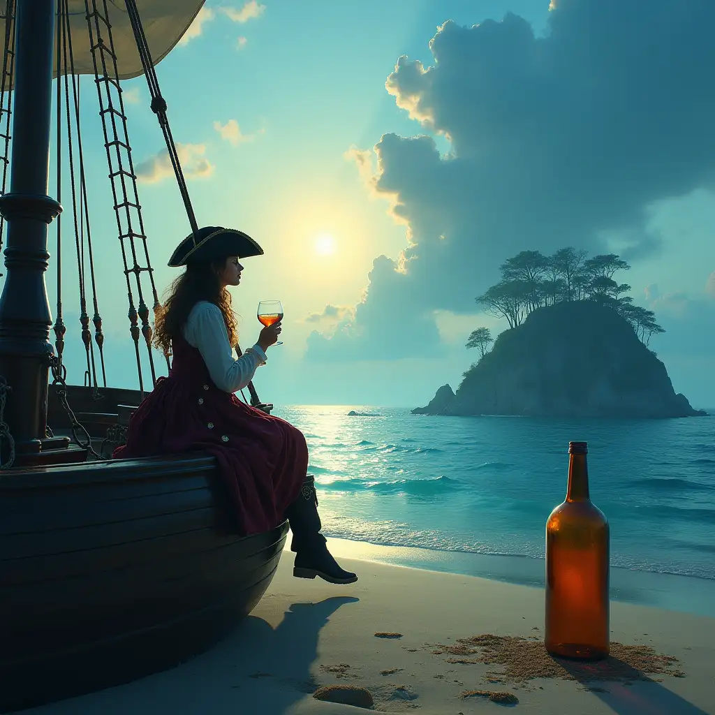 Caribbean, beach, sun, dawn, blue fog. A girl dressed in a pirate costume is sitting with a glass on the deck of an 18th century sailing ship and looking at the sea. There is a huge bottle on the shore. Surrealism style, panoramic view of the island