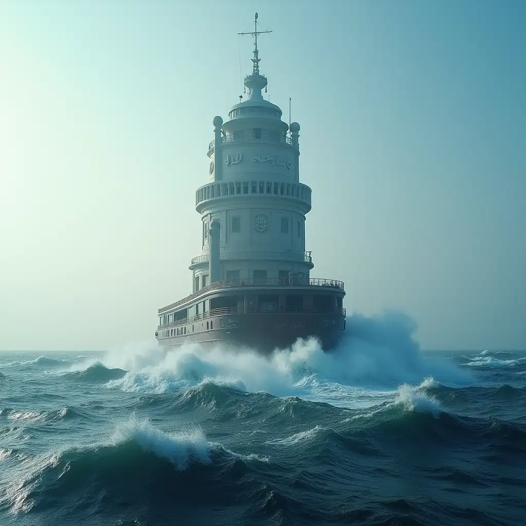 a cinematic image of the Milad Tower on a ship in the middle of sea waves