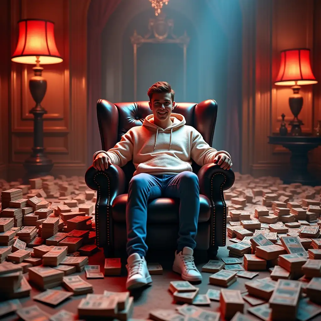 Young-Man-in-Hoodie-Relaxing-in-Boss-Chair-Surrounded-by-Currency-Stacks-in-a-Mansion