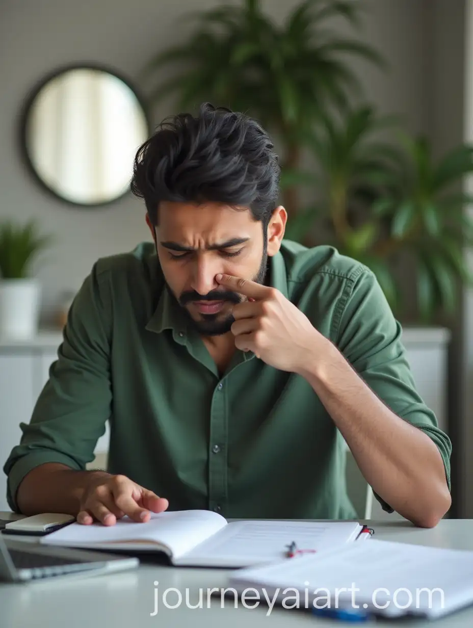 Stressed-Indian-Man-Working-in-Modern-Office-with-Laptop-and-Notebook