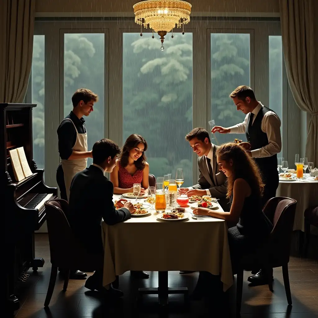 Pianist-and-Violinist-Performing-During-Rain-with-Waiters-and-Guests-Dining