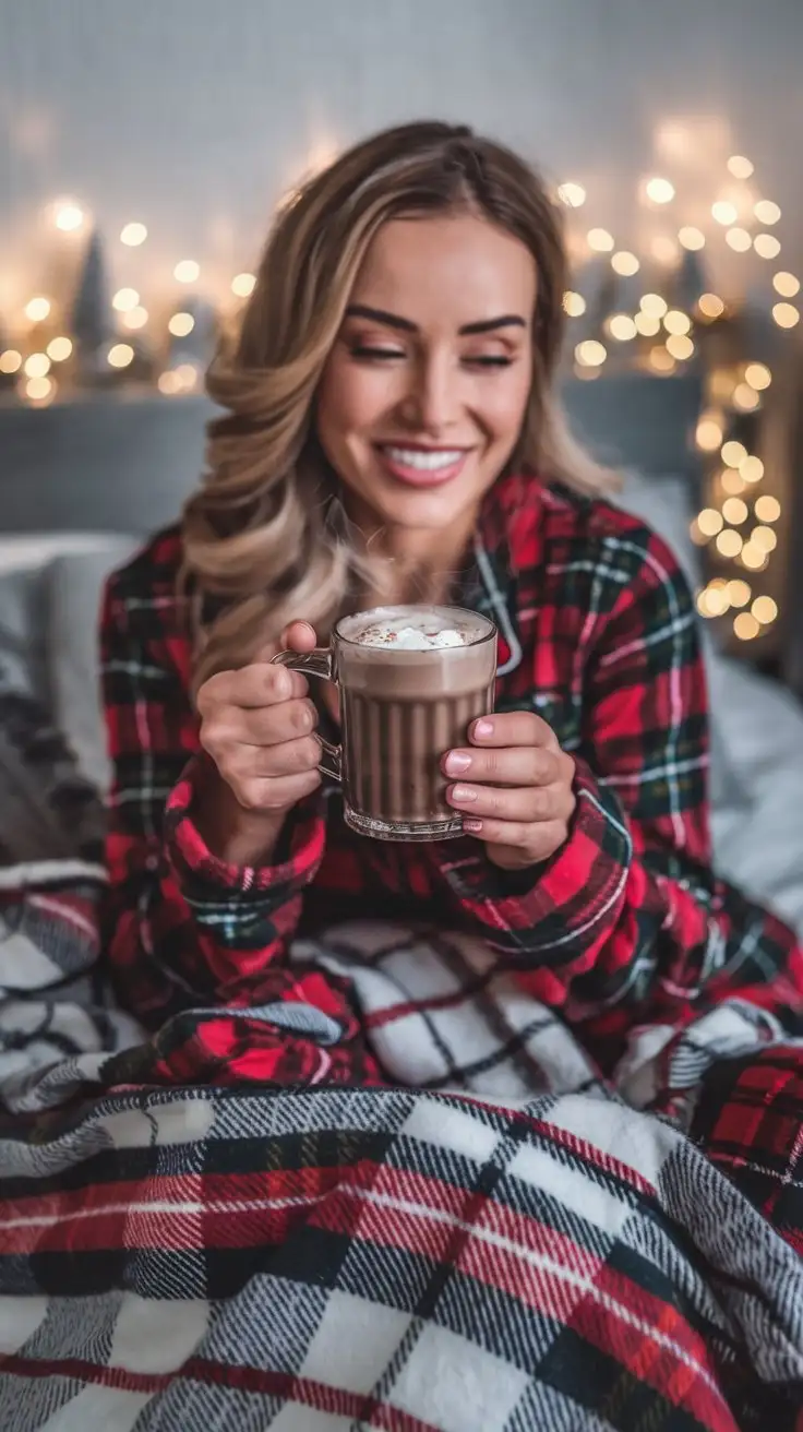 Woman-Enjoying-Hot-Chocolate-in-Cozy-Winter-Bedroom-with-Christmas-Lights