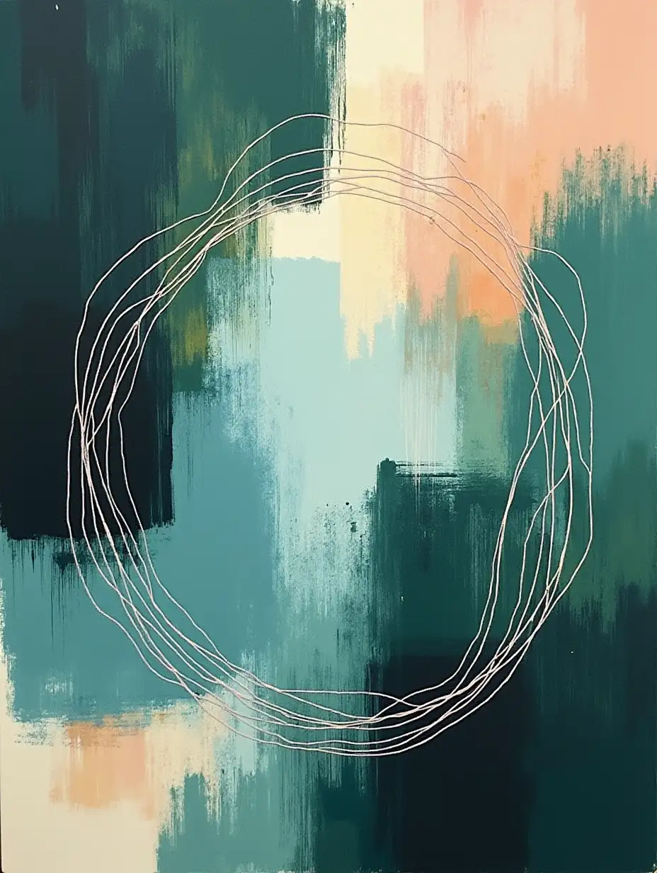 Generate an abstract painting using dark, textured strokes in forest green and black, overlaid with thin, intricate pastel-colored shapes in baby blue, peach, and soft yellow. Let the negative space breathe between bold elements