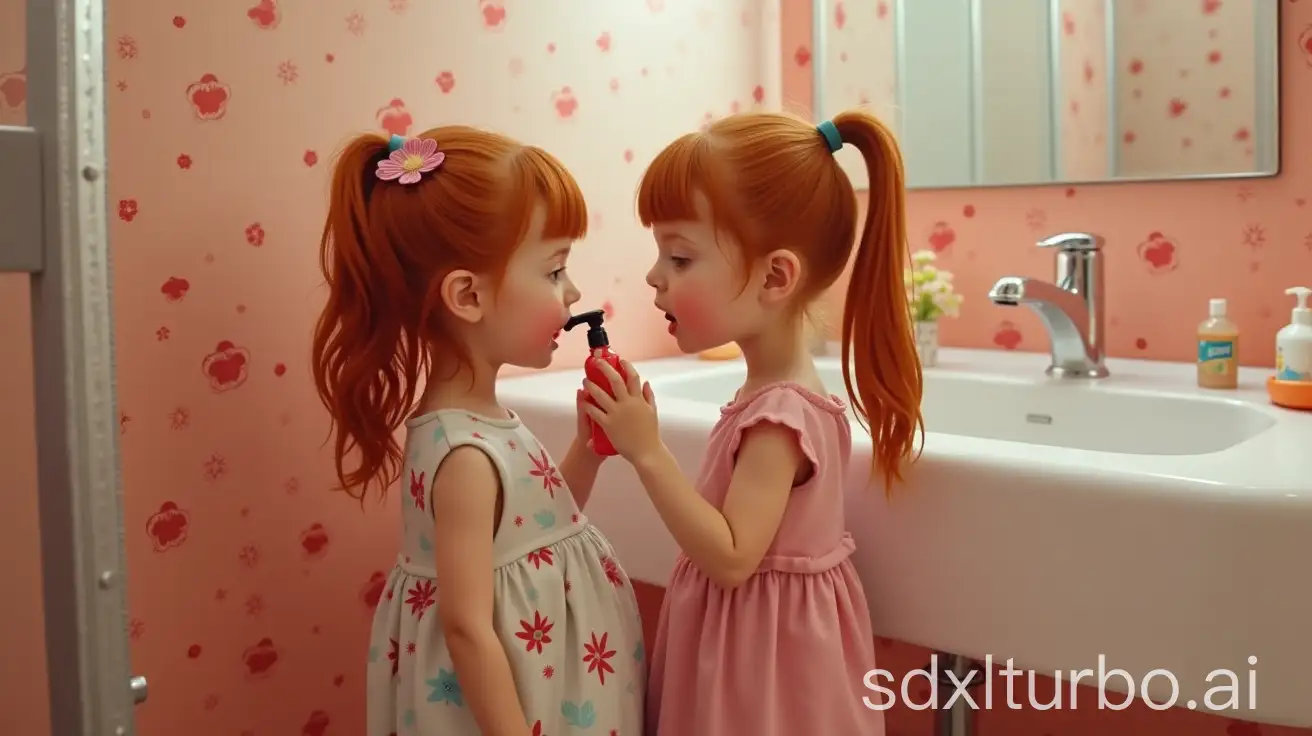 Two Adorable-Pregnant-redhead-Girl-at-Preschool-shower stall red flower tile  standing licking shower gel bottle dispenser on lips