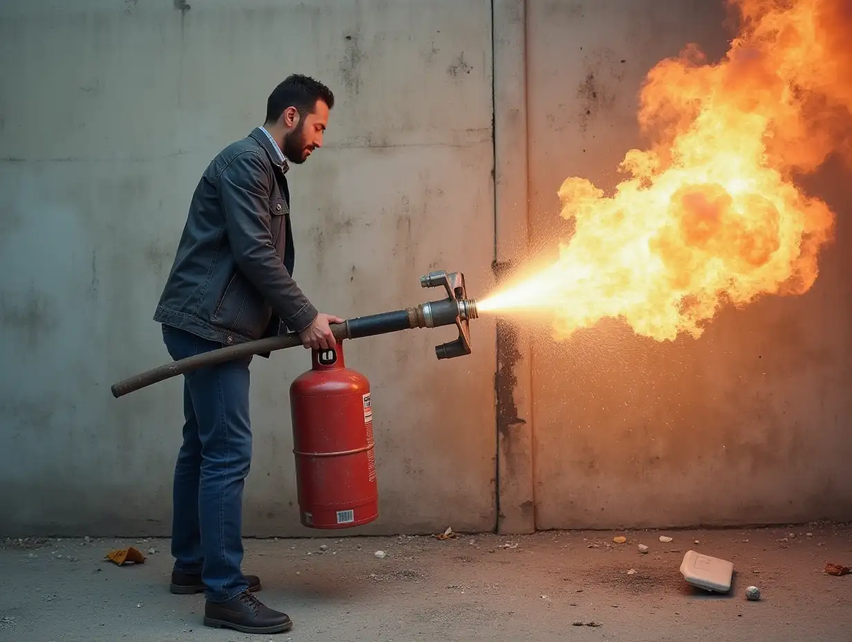 A man hold a gas cylinder and break the wall with cylinder