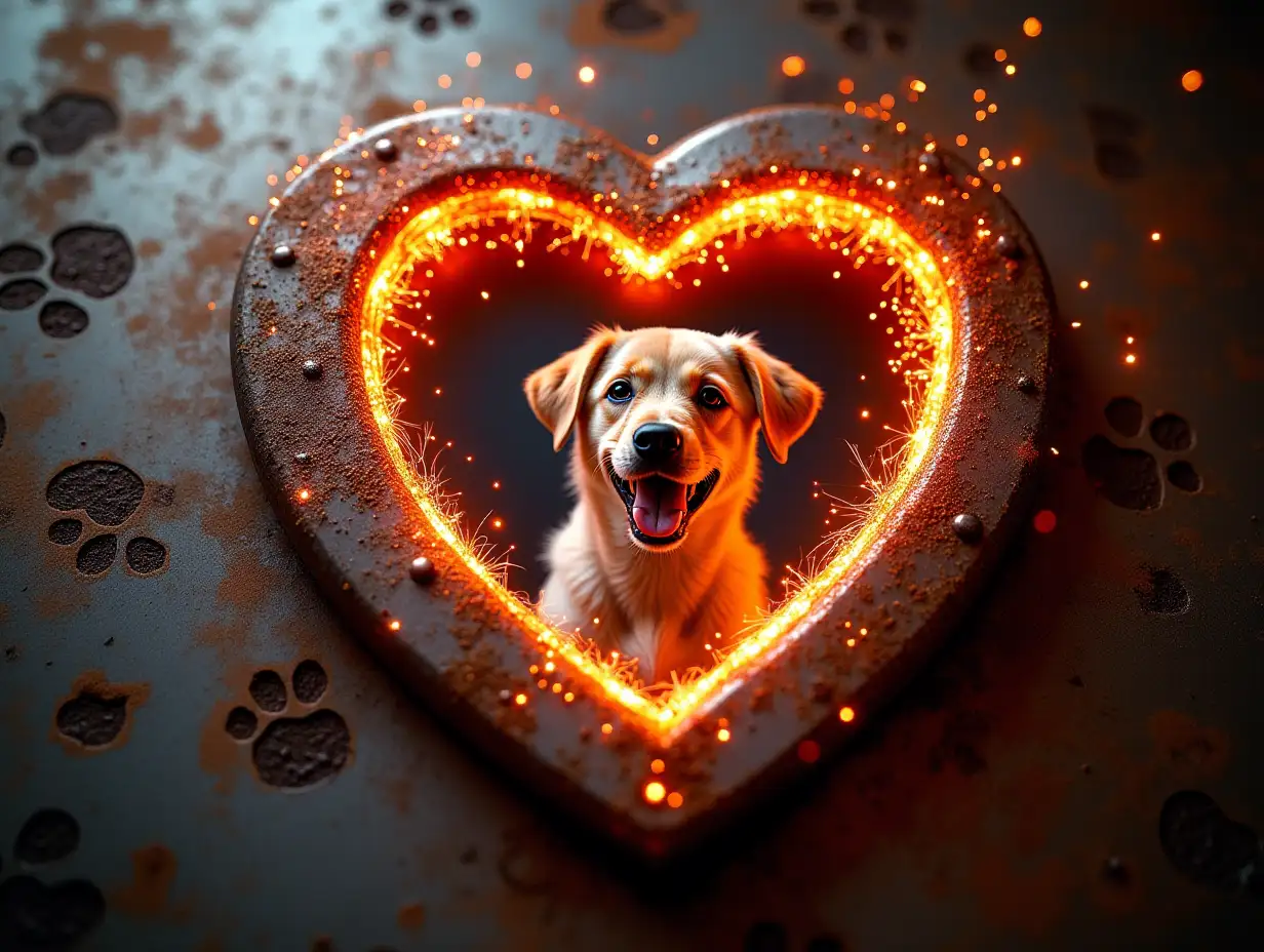 An ultra-realistic design with a welding-themed Valentine's aesthetic. Top center features a glowing molten paw print with visible weld seams and vibrant sparks radiating outward. The molten edges drip seamlessly, forming welding trails that guide the eye downward. The center showcases a glowing heart-shaped metallic frame containing a lifelike pet photo. The frame has intricate welded details with sparks and heat haze effects. The background is a brushed steel texture with subtle rose-gold and crimson highlights, adorned with faint engravings of paw prints and hearts for a romantic yet industrial touch. Romantic lighting enhances the glow and metallic textures, creating a warm, inviting aesthetic.