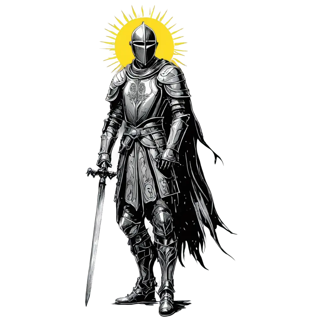 a black and white drawing of a knight with a sword and a sun, in the art style of dan mumford, praising the sun, portrait of the holy father, shirt design, a yellow sun shining down, hopeless grey, fleurfurr, praise the omnissaiah, he has no nose, broken-stained-glass, in dunwall