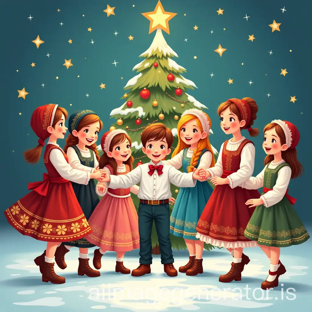 Children-in-Russian-National-Costumes-Dancing-by-a-Christmas-Tree